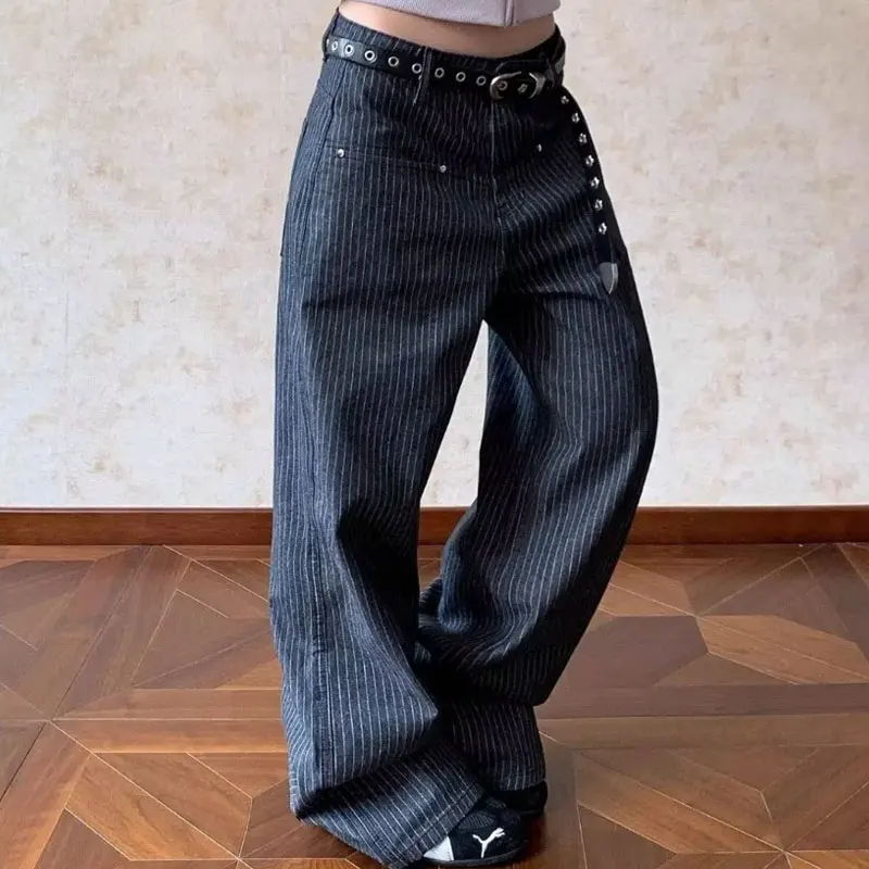 Women Dark Grey Pinstripe Wide Leg Jeans High Waist Loose Trousers Spring Autumn Floor Length Vertical Retro Striped Denim Pants