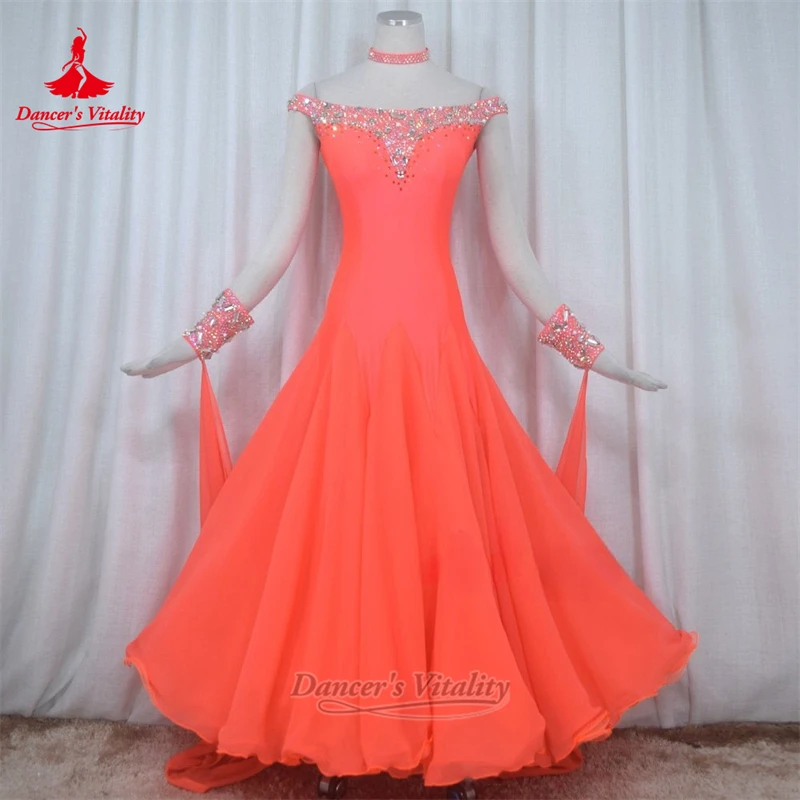 Ballroom Dance Dew Shoulder AB Stones Dresses with Necklace Custom Adult Female Waltz Tango Perform Clothing Dancer's Vitality