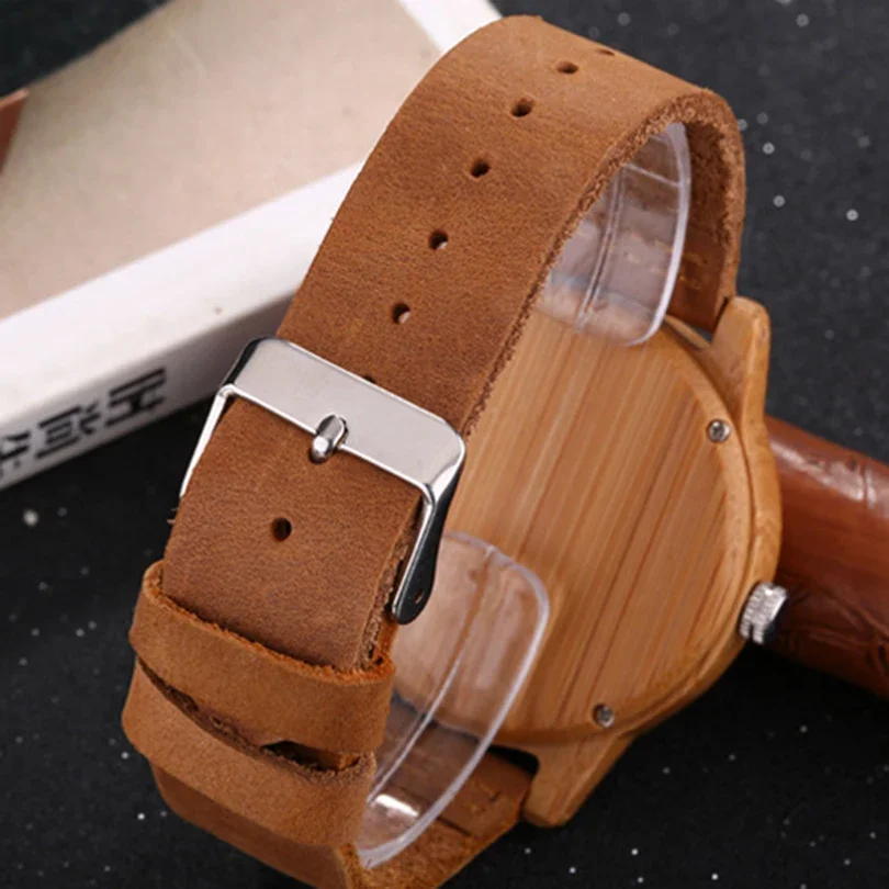 Bamboo Watch for Men Deer Orologio Luxury Reloj Wooden Case Leather Strap Quartz Wristwatch Male Wood Engraved Dial Man Clock