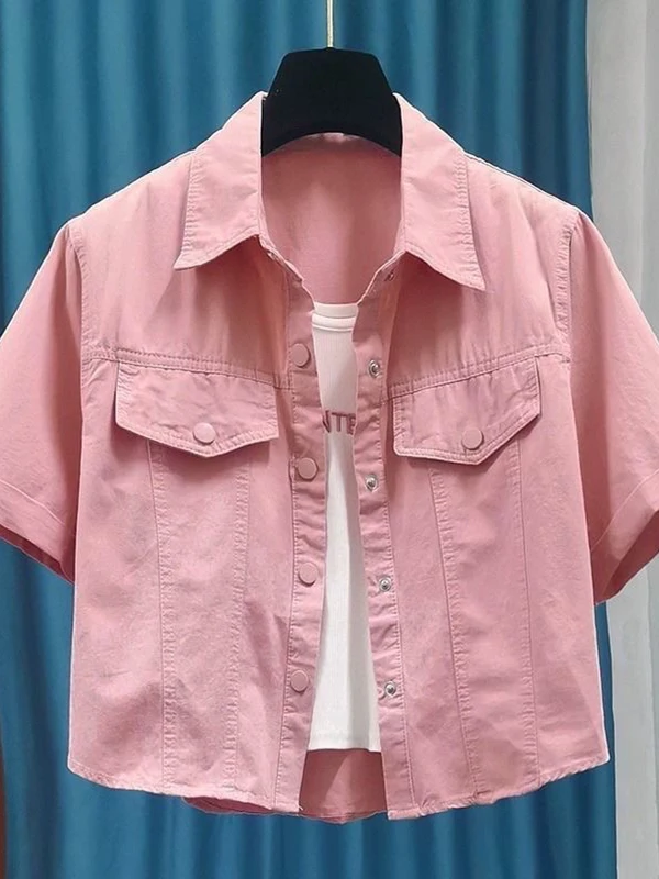 

Korean Sle Summer ort Sve irt Jaet New Faion 2025 Workwear Top Small Size ort Outerwear Collar Butto...