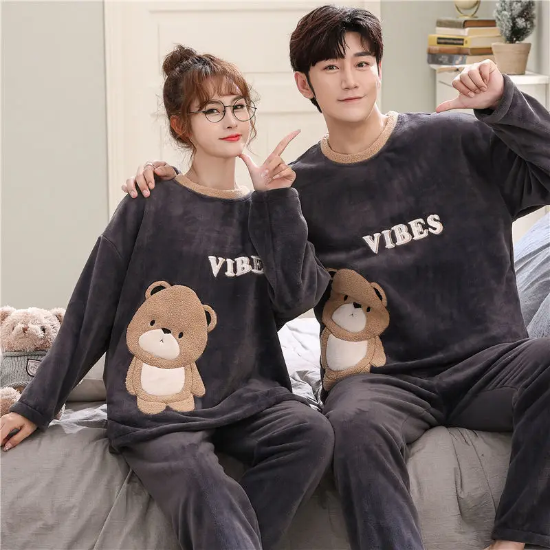 2PCS/Set Thickened Warm Sleepwear Fall and Winter Coral Velvet Couples Pajamas Men and Women Padded Home Wear Plush Loungewear