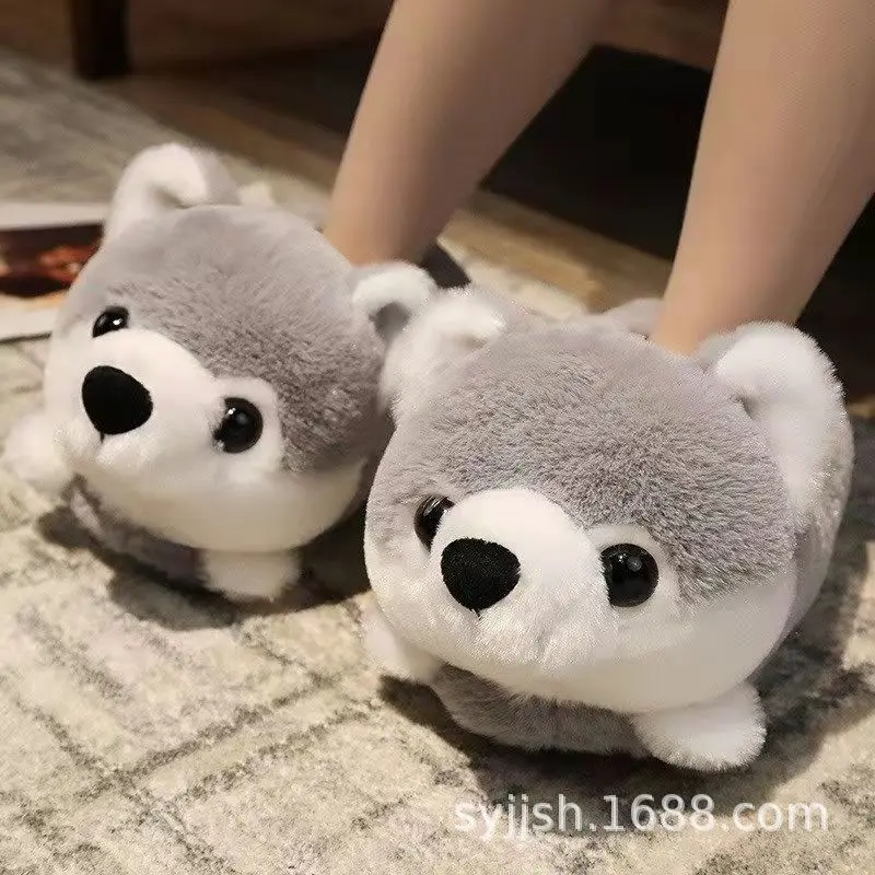 Funny Siberian Husky Slippers Women's Girls Indoor Cartoon Designer Furry Unicorn Slippers Unisex Home Fur Shark Shoes Warm