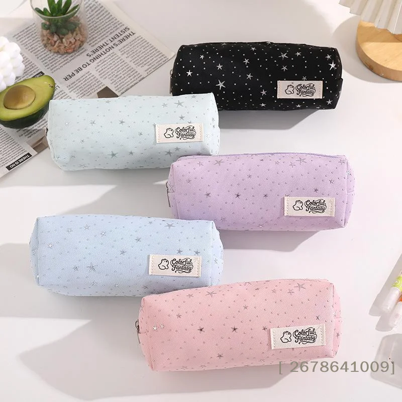 〔L〕Kawaii Star Pattern Canvas Pencil Case Large Capacity Zipper Pen Bag Portable Student Stationery Pouch