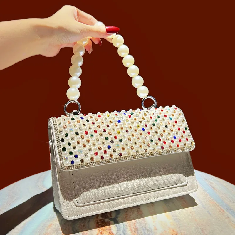 Fashion Brand Women's Pearl Handle Evening Bag Luxury Colorful Rhinestone Clutch Purse and Handbag Wedding Party Crossbody Bag