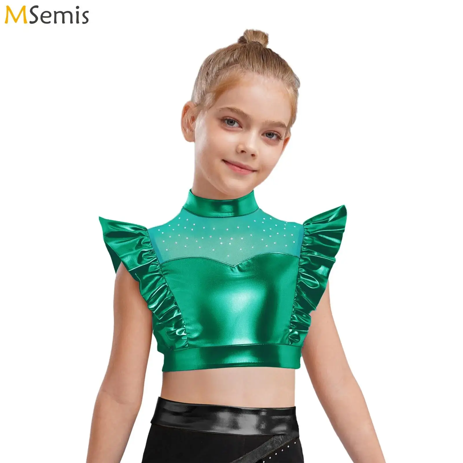 

Детские топы на бретелях с эффектом металлик для девочек, костюмы для выступлений, сетчатые укороченные топы без рукавов со стразами и блестящими рюшами и танцевальные рубашки