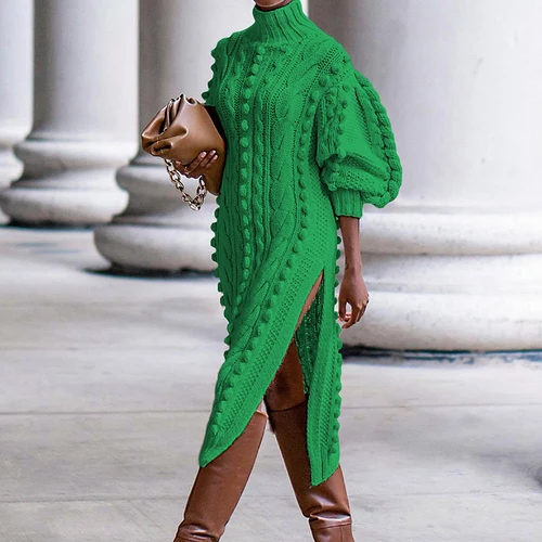 여성용 우아한 솔리드 브레이드 니트 스웨터 원피스, 긴 소매 터틀넥, 사이드 스플릿 베스티도 스트리트웨어, 생일 파티, 겨울 