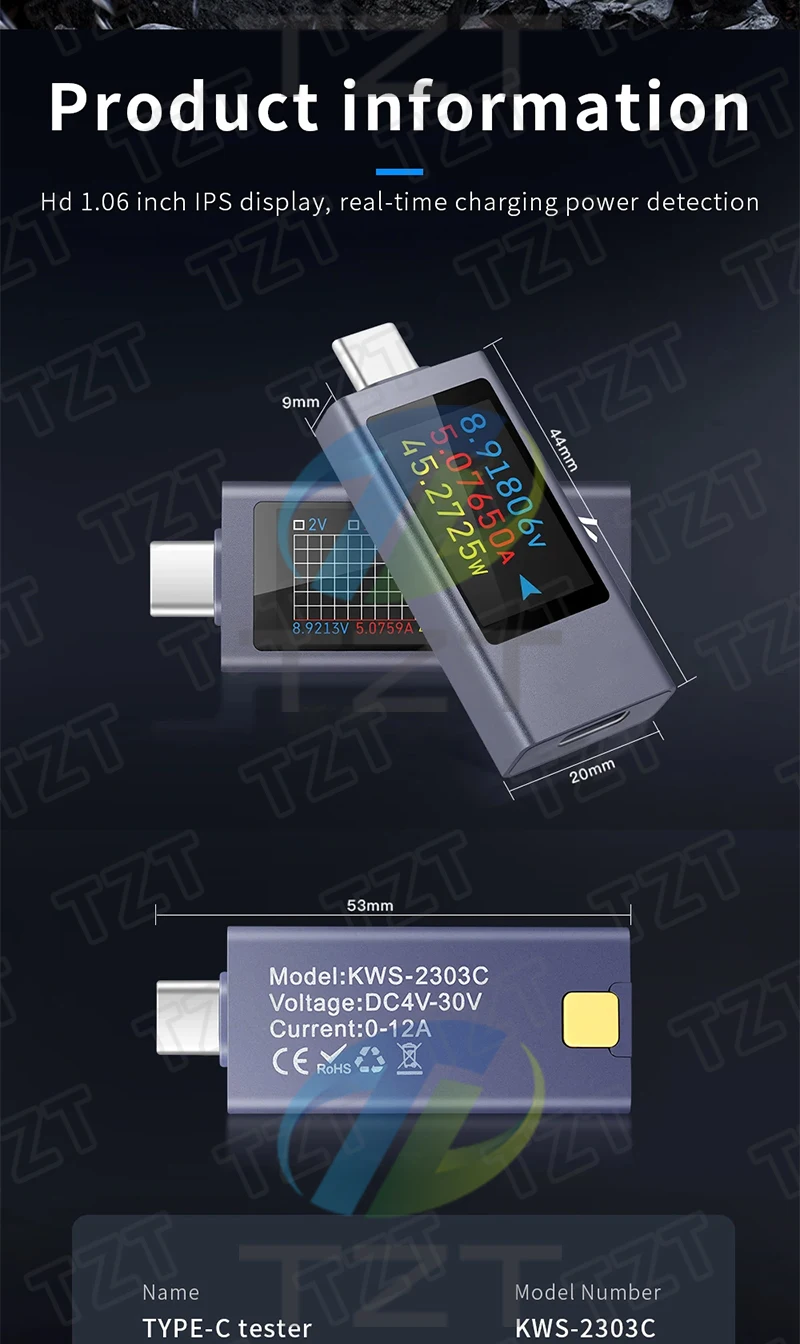 KWS-2303C Multifunktions-Digitalanzeige DC-Spannungsmesser Amperemeter Leistungsmesser Typ-C Handy-Ladetester DC 4-30V 0-12A – Detail 7
