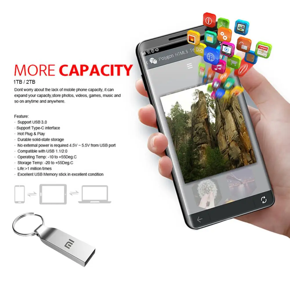 Original Xiaomi Pen Drive 2 TB USB 3.0 Flash Metal Drive 1TB Large Capacity High-Speed Transfer Storage Waterproof Memory U Disk