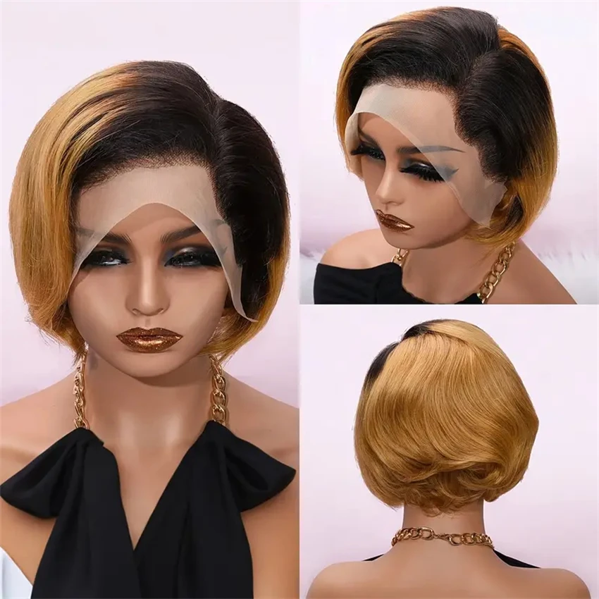13x4 Transparent Lace Front 8 Inch Short Pixie Cut Brazilian Human Hair Wig for Women, 180% Density Pre Plucked Lace Frontal Wig for Daily Wear