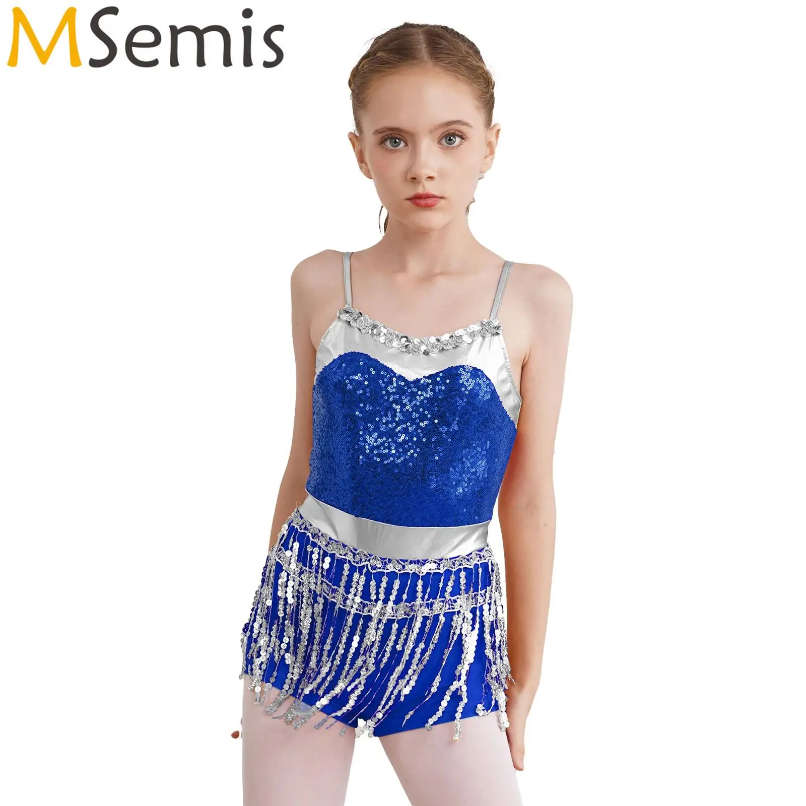 Kids Girls Athletic Gymnastic Leotard Jumpsuit Jazz Latin Street Performance Costumes Shiny Sequin Metallic Dance Bodysuit