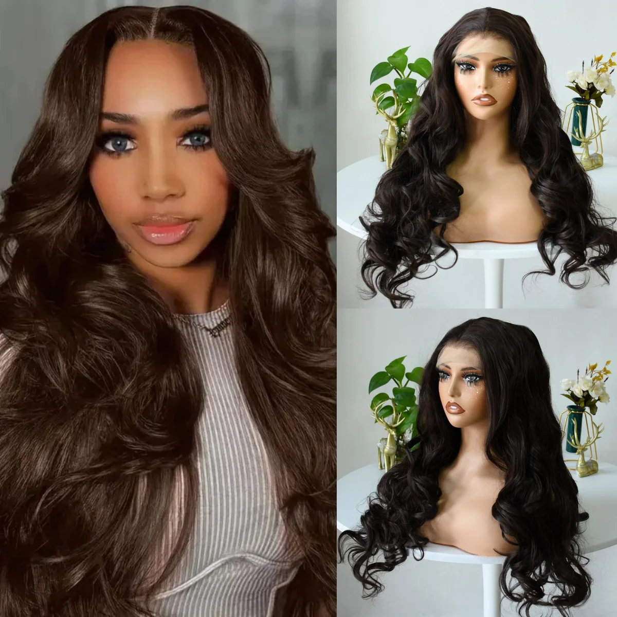 ダークブラウンボディウェーブウィッグ 13x4 HD透明レースフロントウィッグ グルーレス合成高品質HDレースフロントウィッグ すぐに着用可能
