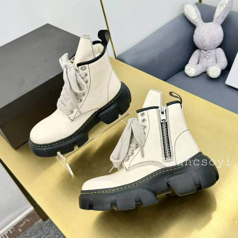 รองเท้าหนังแท้มีเชือกผูก sepatu BOOT pendek สำหรับผู้หญิงพื้นหนากันลื่นมีซิปรองเท้าบูทขับขี่อเนกประสงค์แบบลำลองฤดูใบไม้ผลิฤดูใบไม้ร่วง