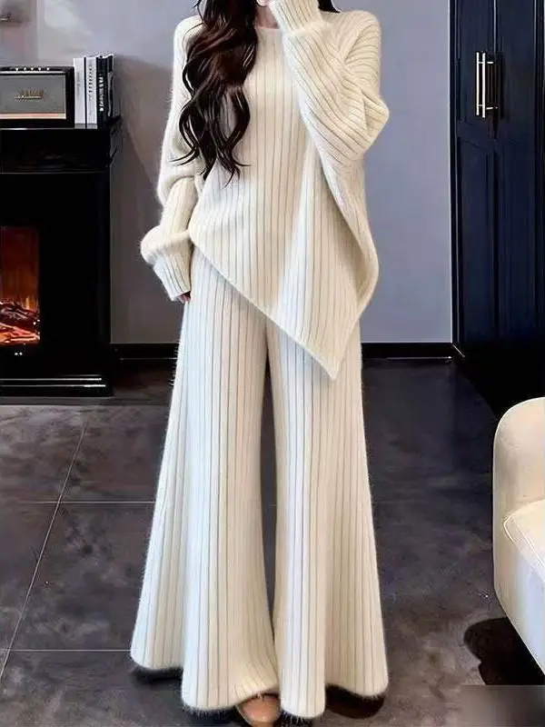 Ladies Soft Cozy Sweater High Waist Wide Leg Pants Two Piece Set Fashionable Lazy Style Winter New Arrival High End Feeling image 2