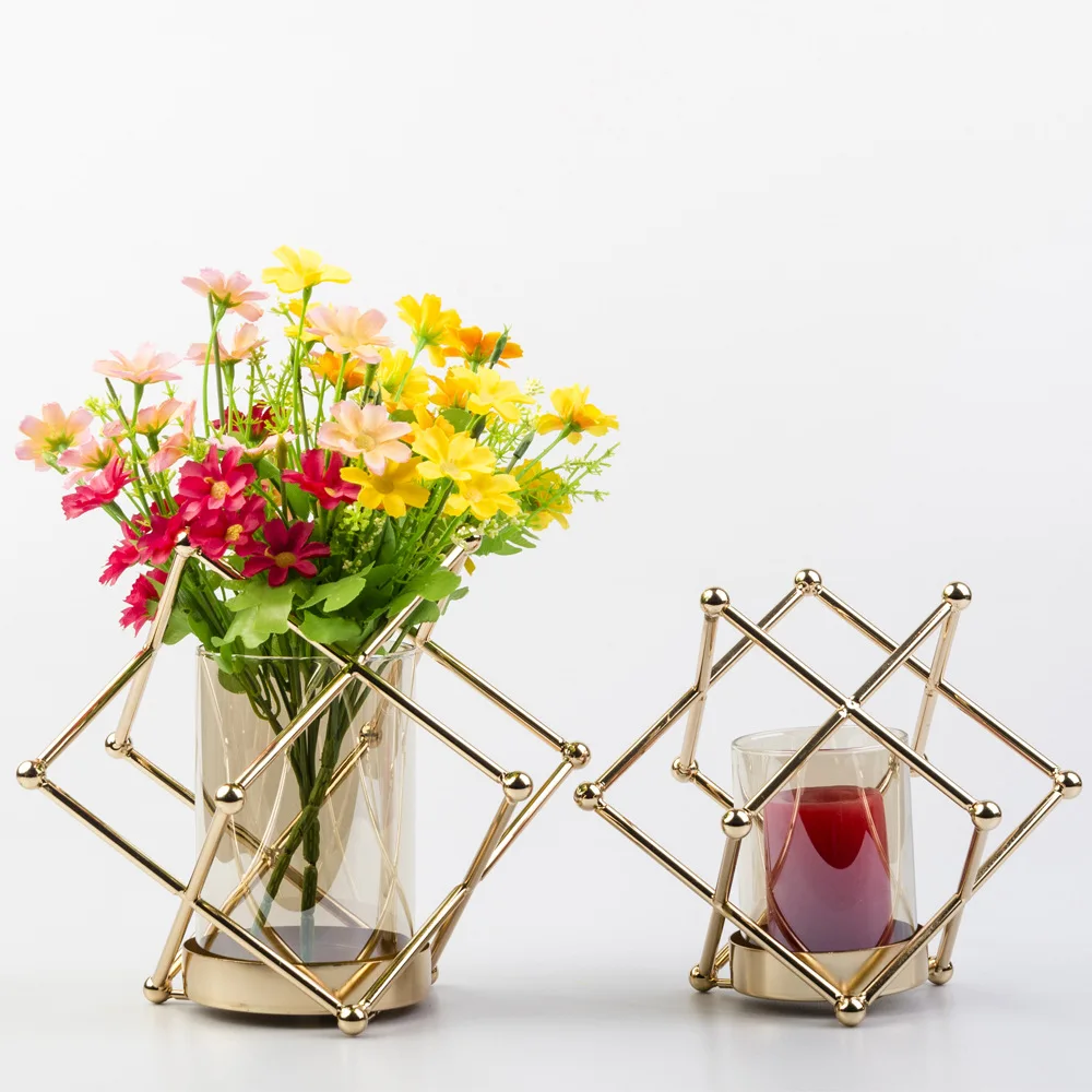 Nordic Electroplating Gold Candlesticks Simple Metal Glass Vases Holiday Birthday Atmosphere Decoration Props Home Decor