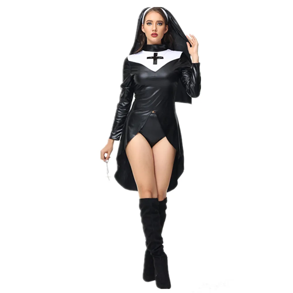 Disfraz de monja Sexy de piel sintética de PU negra, vestido de fiesta de lujo para carnaval, Halloween, iglesia, kimono religioso, Cosplay