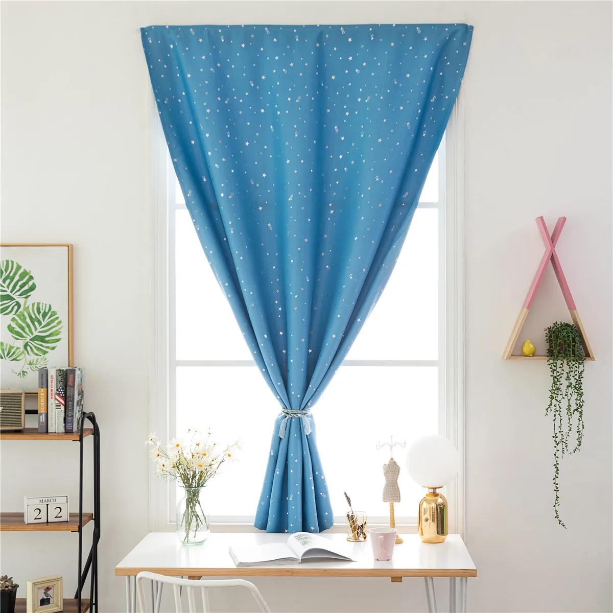 

1 pc Modern Blackout Curtain No Punch Required Silver Star Decorative Window Drape Adhesive Tape Home Bedroom Kids Room 90X180Cm