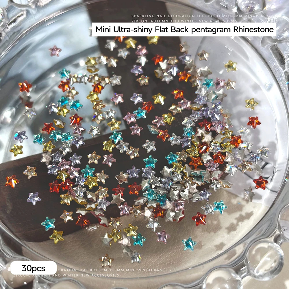 30Pcs/box Y2K Clear/Colorful Crystal Pentagram Nail Art Decor 3x3mm Five-Petal Star Nail Charms DIY Flat-Back Star Nail Parts