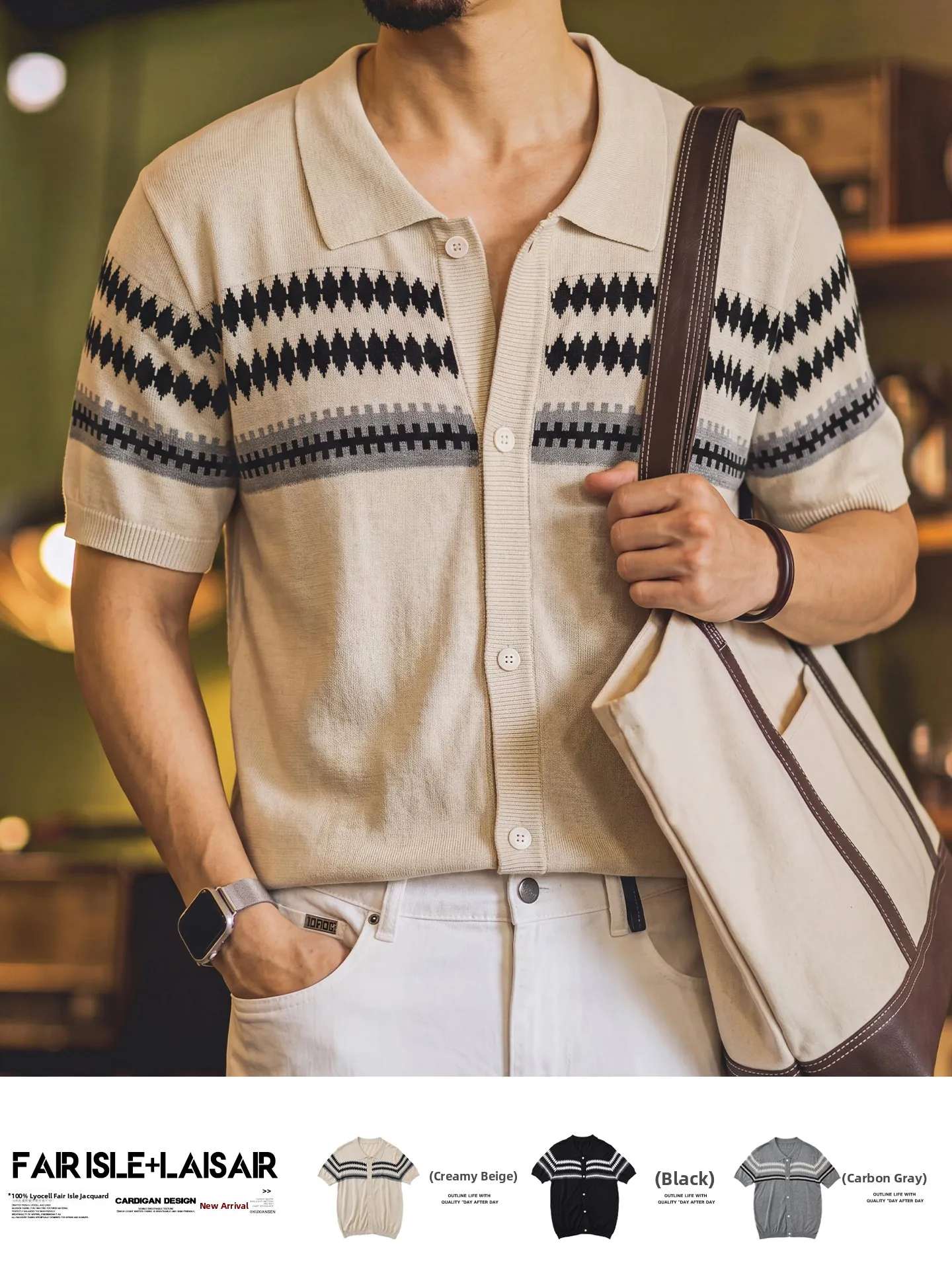 Men's Summer Cool Feeling  Shirt Knitted Fair Isle Motif Short Sleeve Turn-down Collar Breathable Casual Fashion