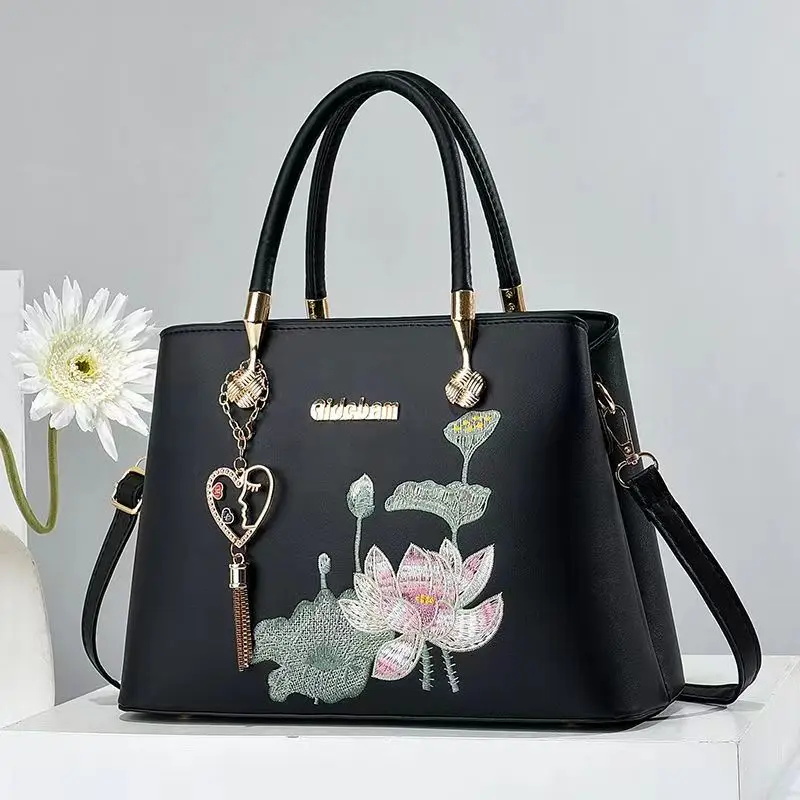 Embroidery lotus Women Crossbody Bag 2024 Thread Luxury Handbag Pu Leather Women Shoulder Bags Brand Sequined Tassel Bag