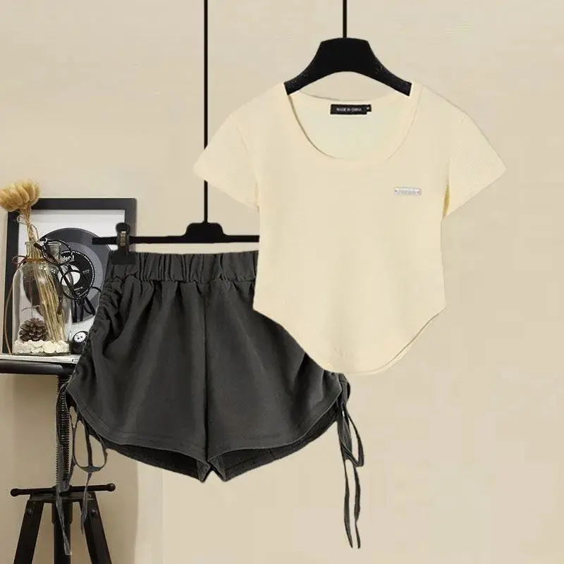 2023 New Sweet Style Set Women's Summer U-Shaped Hem Short Sleeve Temperament Small Waist Drawstring Shorts Fashion