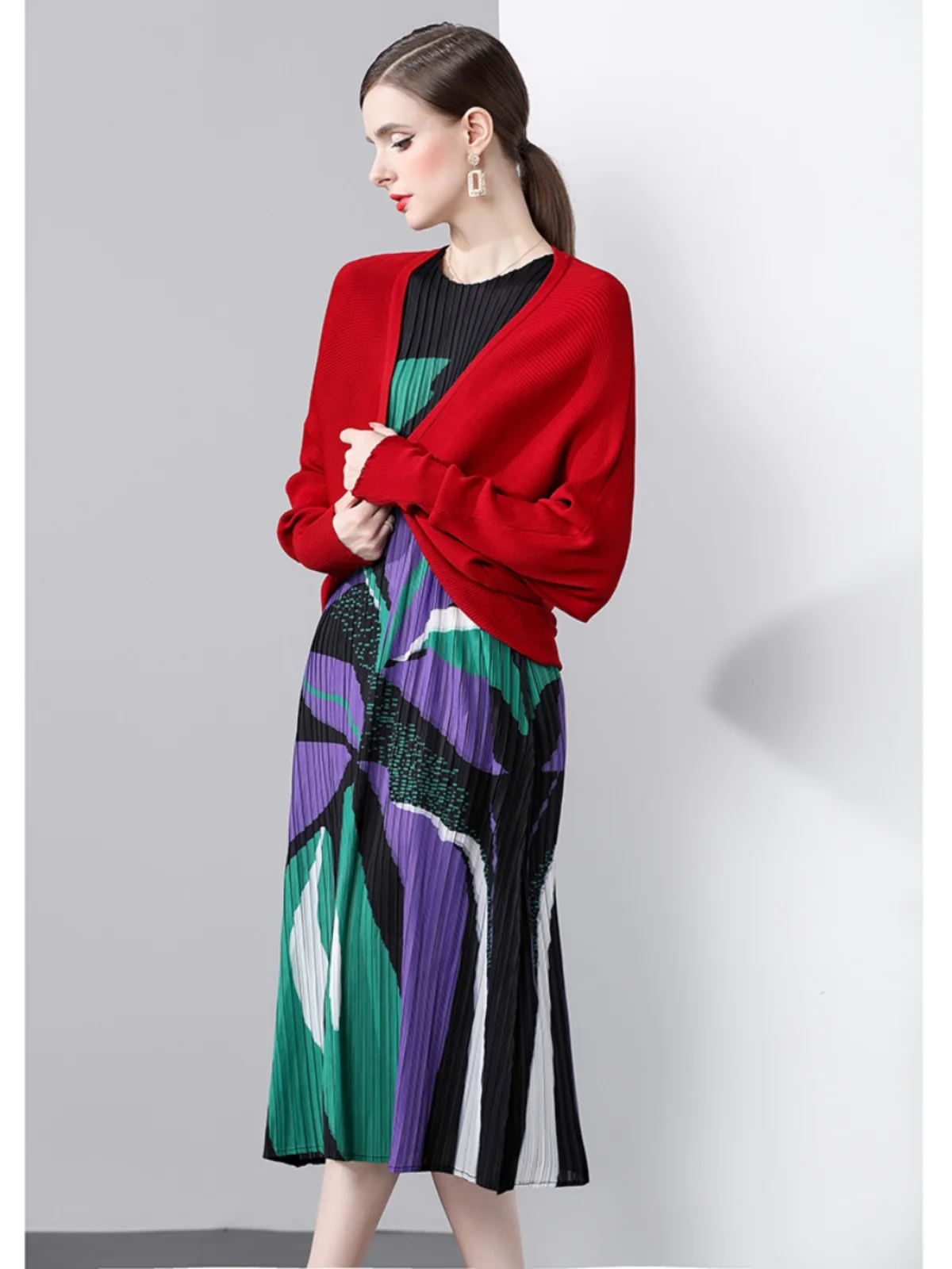 Miyake Pleated, Round Neck Printed Dress, Literary Niche Straight Skirt Pleated Versatile Mother Outfit Foreign Style