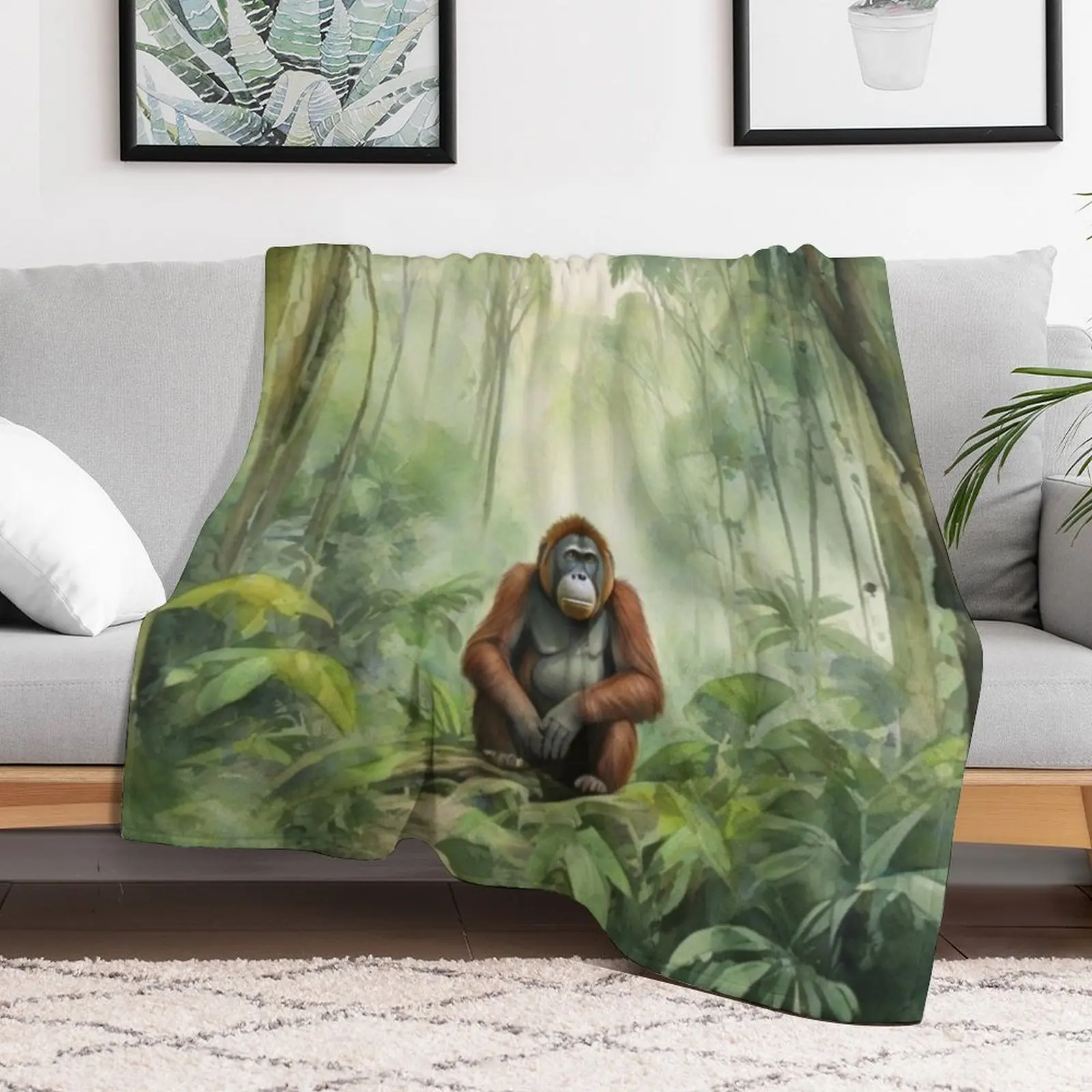 orangutan in Green forest_watercolour Throw Blanket