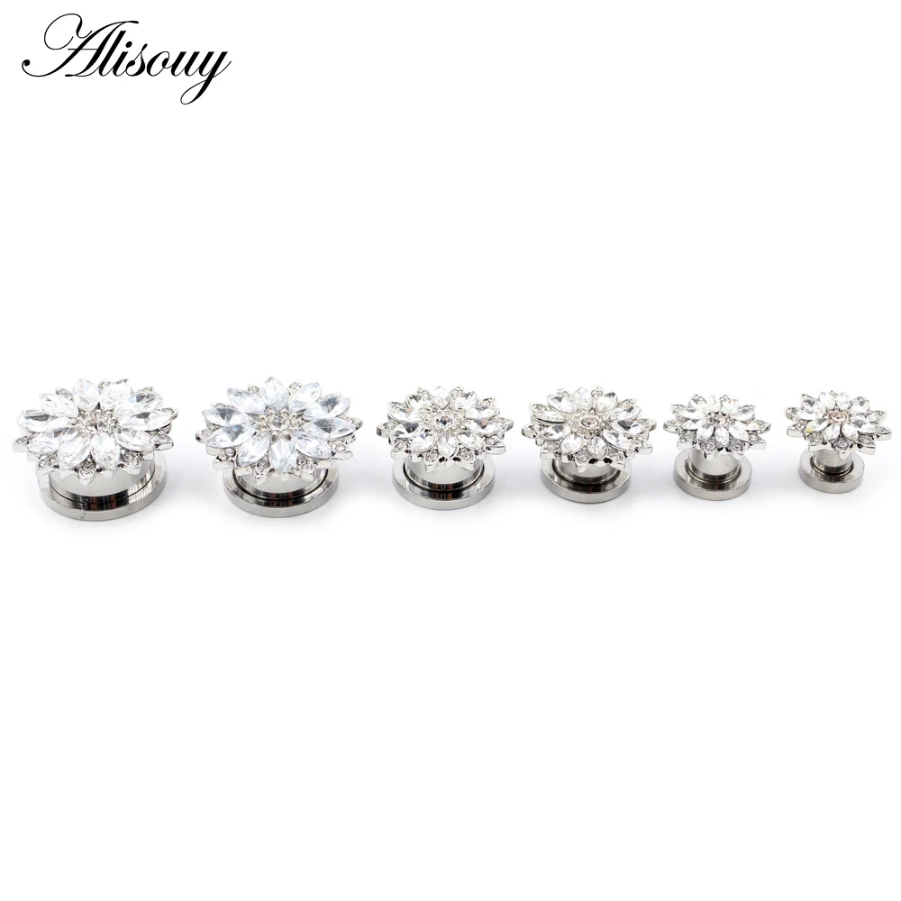 Alisouy 2 Stück Edelstahl Blume Zirkonia Mond Stern Uhr Herz Schraube Ohr Tunnel Plugs Expander Messgeräte Körper Piercing Schmuck – Detail 23