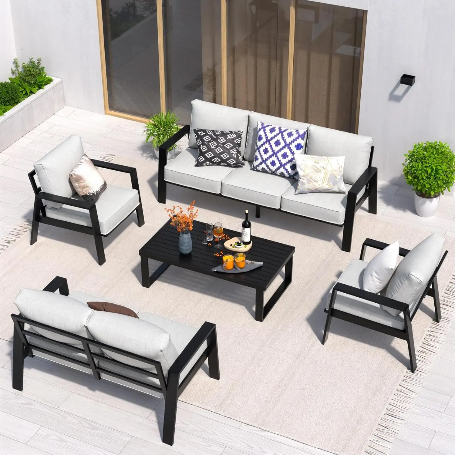 

Aluminum Outdoor Patio Furniture Set, 5 Piece Sectional Coversation Sets With Coffee Table, Modern Outdoor Sofa, Customized