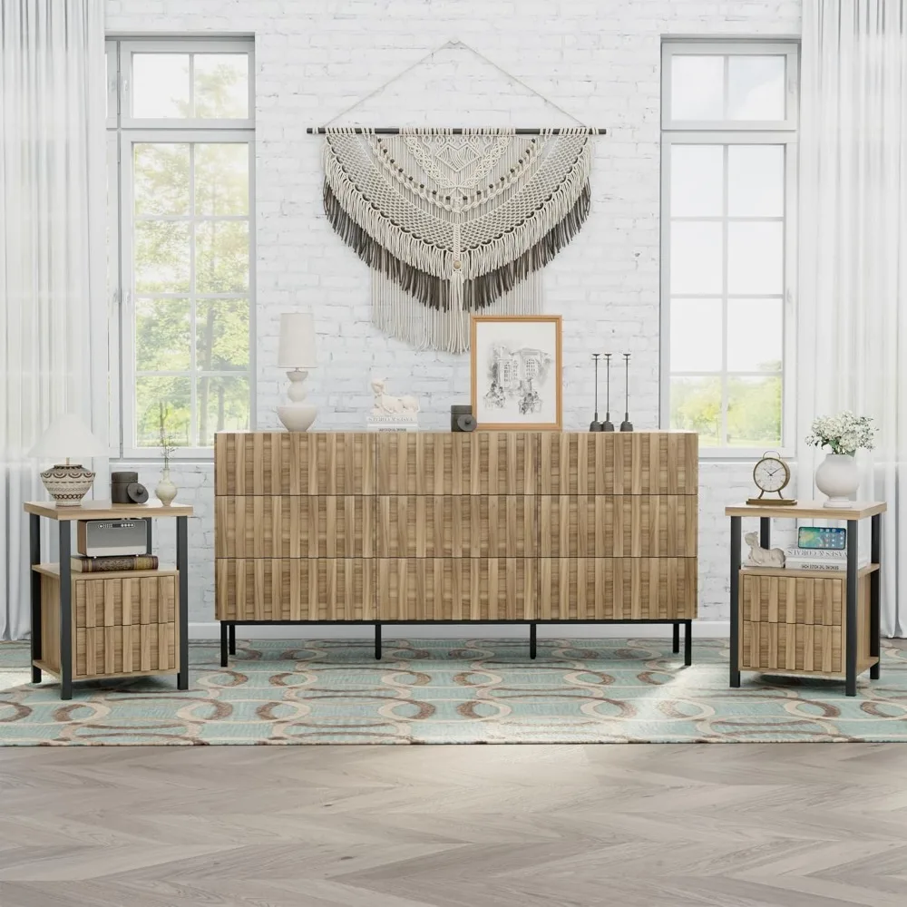 

contemporary bedroom furniture set: 9-drawer dresser, 2-drawer nightstand with open shelf, and 59" wide chest of drawers