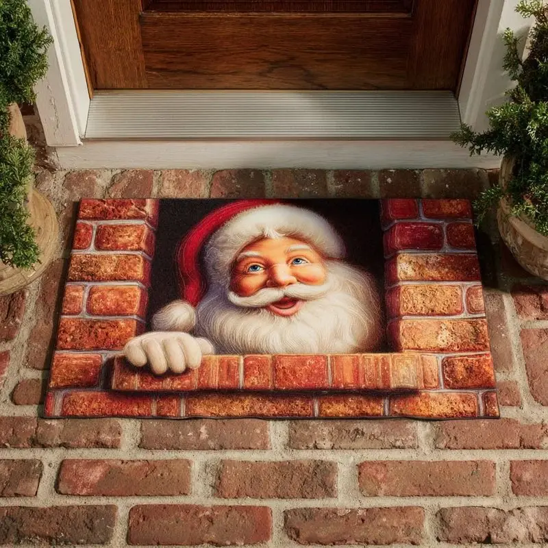 VIKAMA Santa Claus Peeking Over Brick Wall Welcome Mat Funny Christmas 3D Look Entrance Rug for Front Door Holiday Home Decor