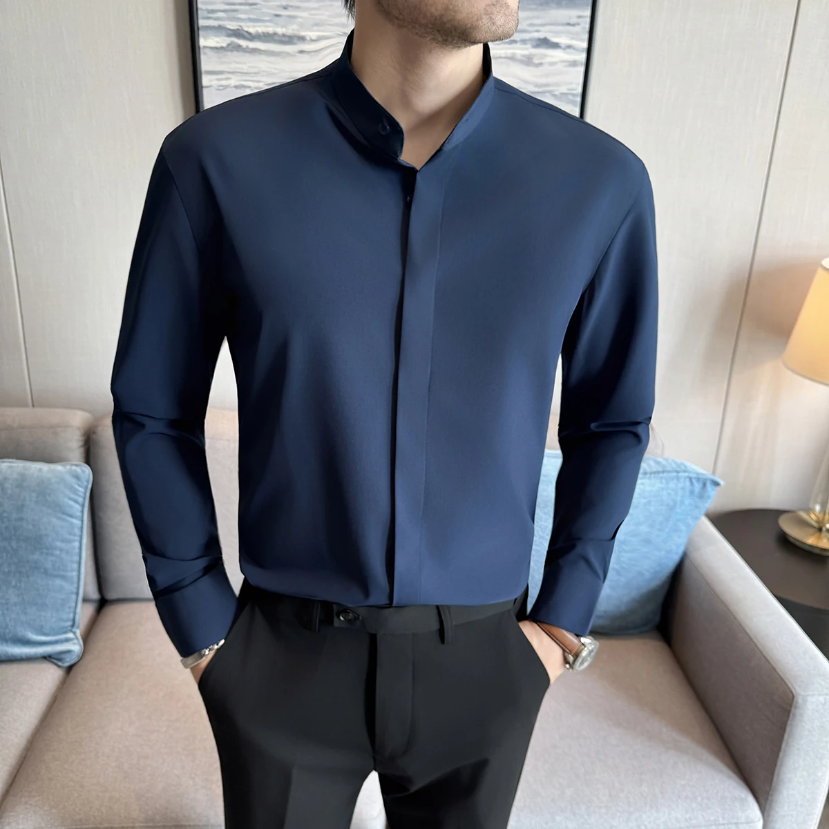 

Chinese Stand-up Collar Shirt Men's Long Sleeved Slim Business Casual Shirts High Quality Hide Buttons Design Solid Party Dress