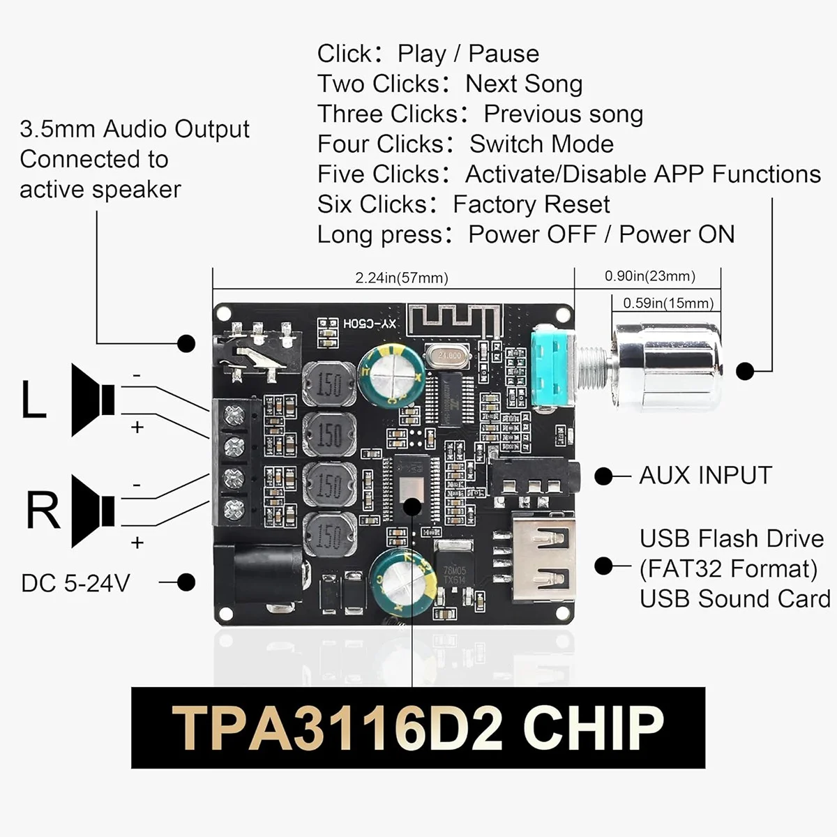 DAJUNGUO C50HS Bluetooth Amplifier Board 50W+50W TPA3116D2 HiFi Chip 12-24V Digital Audio Power Amplifier Module HGC