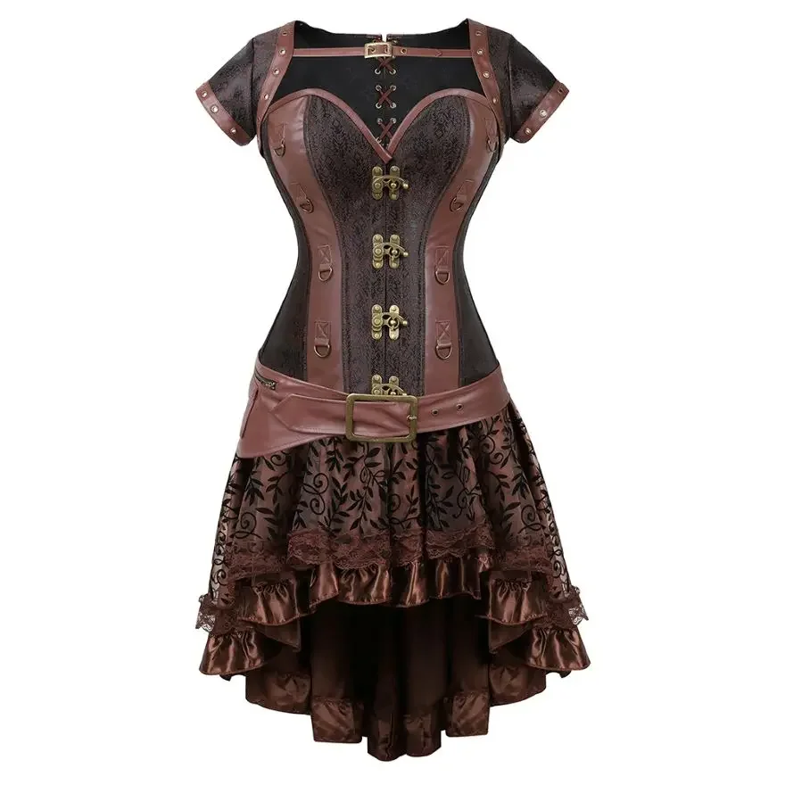 Steampunk Gothic Vintage Faux Leather Corset Top Burlesque Bustier Lingerie Asymmencal Floral Lace Skirt Women Sexy Corset Dress