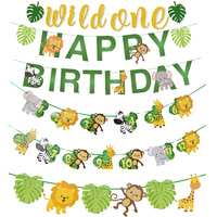 Wild Jungle Safari 1st Birthday Photo Banner Lion Tiger Animal Pattern Birthday Bunting Banner Paper Flags Birthday Decoration
