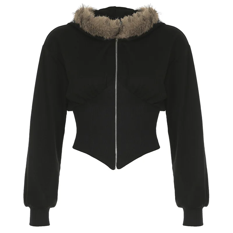 Lamuusaa y2k Jacket Women Punk Gothic Clothes Solid Color Fur