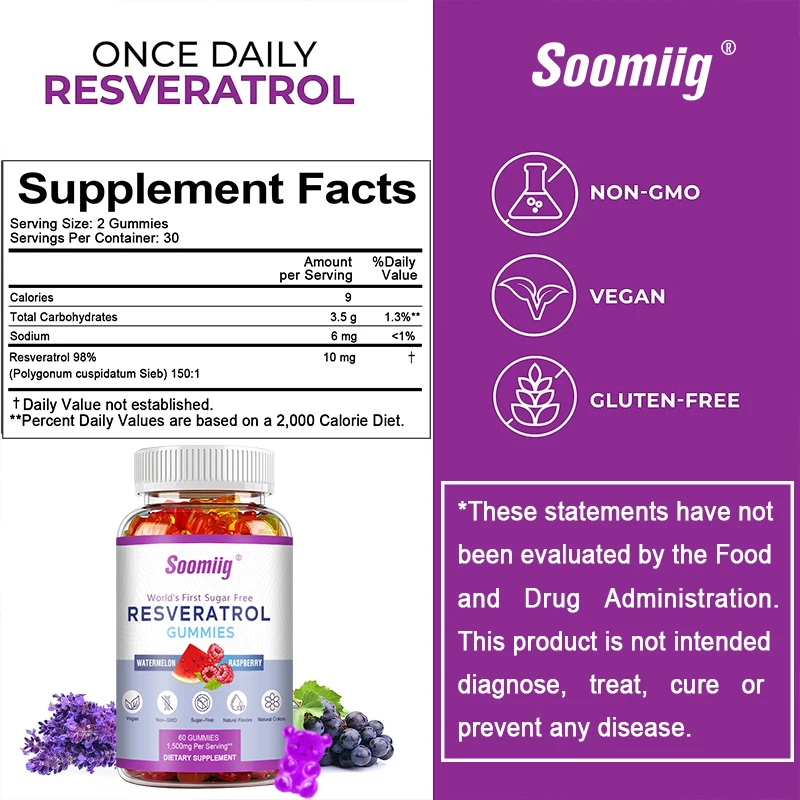 Soomiig Resveratrol Fruit Gummies - 1500 Mg | Digestion and Immunity | Vegan | Carbohydrates