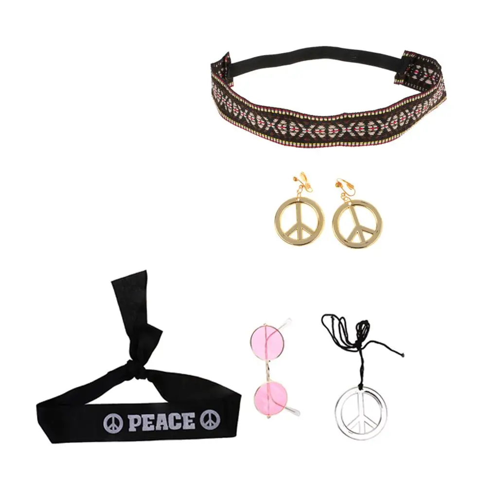 5 Pieces of Hippie Costume Accessories, Including A Necklace And Earrings with