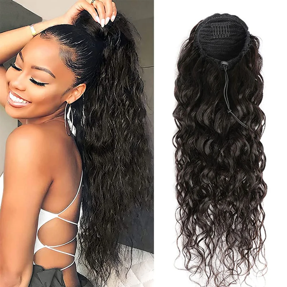Human Hair Clip in Wave Ponytail Extensions Long Wrap Drawstring Curly Clip on Pony Tail Hairpiece 100% Brazilian Hair for Women