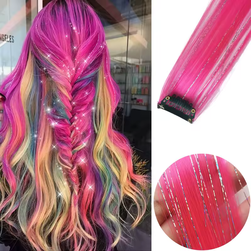 Clip in Hair Extensions 6pcs/pack Colored Party Highlights 22 inches Multi-colors Straight Hair Synthetic Hairpieces Purple Pink - Image 10