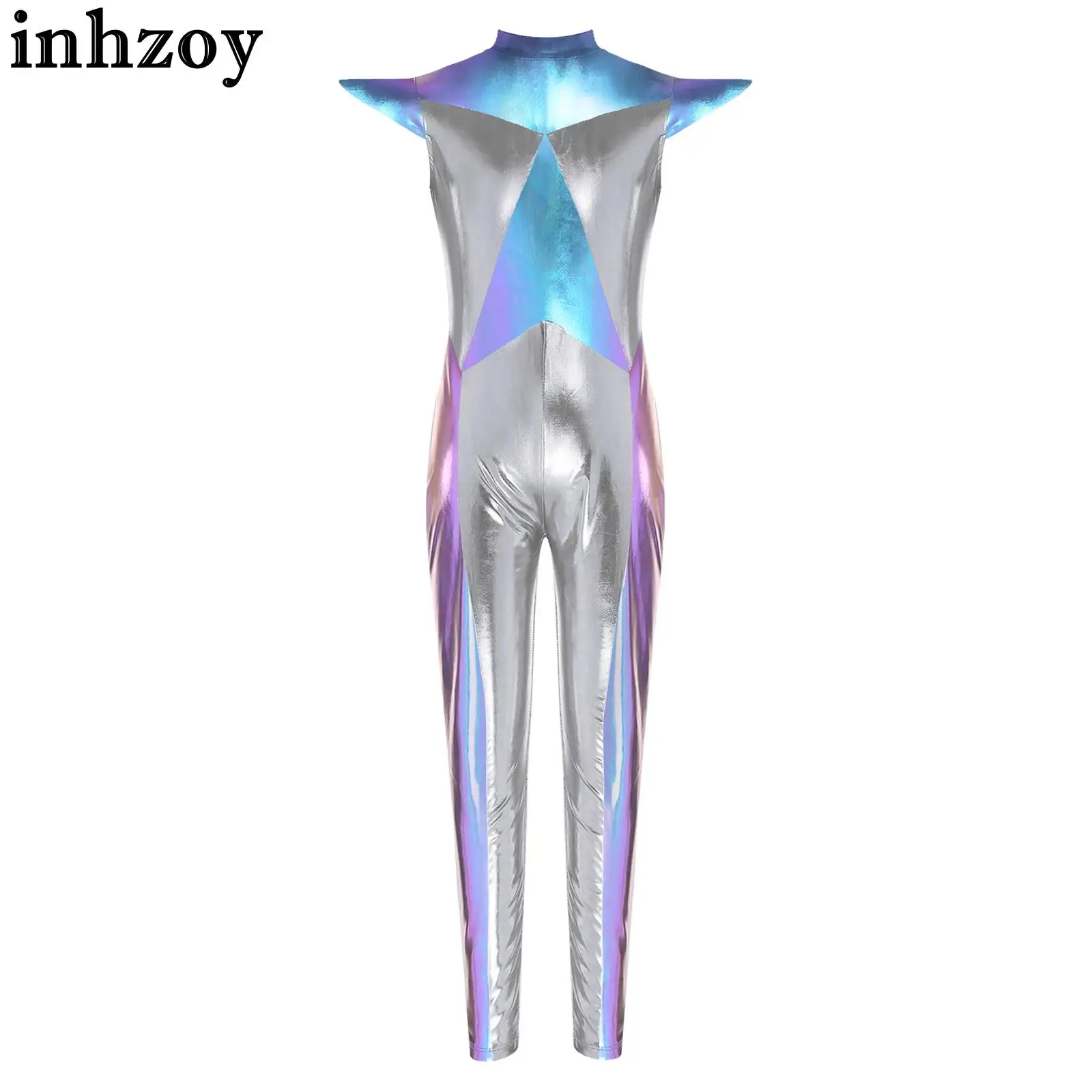 6-16Y Girls Halloween Space Alien Astronaut Robot Cosplay Costume Cap Sleeve Metallic Shiny Jumpsuit for Carnival Theme Party
