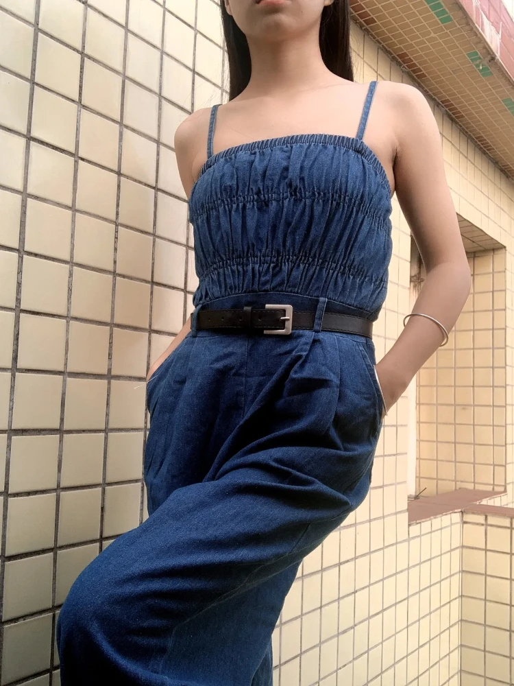 Jumpsuits Women Wide Leg Trousers Folds Sleeveless Summer New High Waist Design BF Denim Clothing Sweet Harajuku Simple Vintage