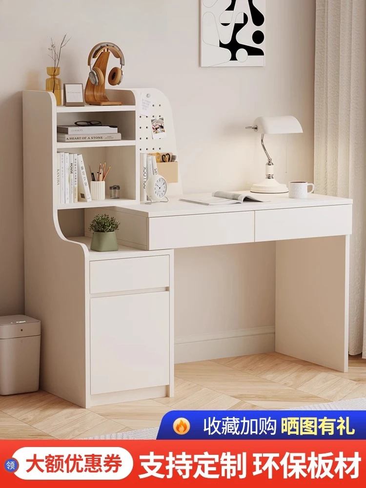 

Retractable cream wind computer desk bookshelf with bookcase integrated dresser small apartment student study bedroom home