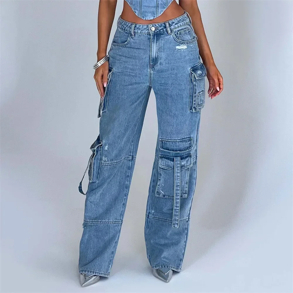 Mode Multi-Pocket Jeans neue Baggy Jeans Frauen Cargo hose Frauen High Taille Butt Lifter lose Straight-Leg Hose enge Stretch