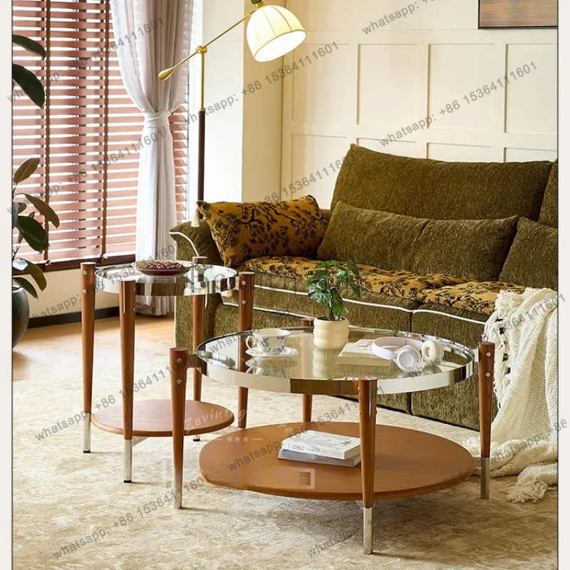 Customizable French Vintage Style Solid Wood Glass Round Coffee Table Combination, Vintage Sofa Side Table, Tea Table, Low Table