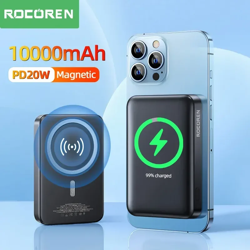 Rocoren-Batería Externa magnética de 10000mAh, cargador inalámbrico de 20W y 5000mAh, Mini Powerbank para iPhone 14, 13 Pro