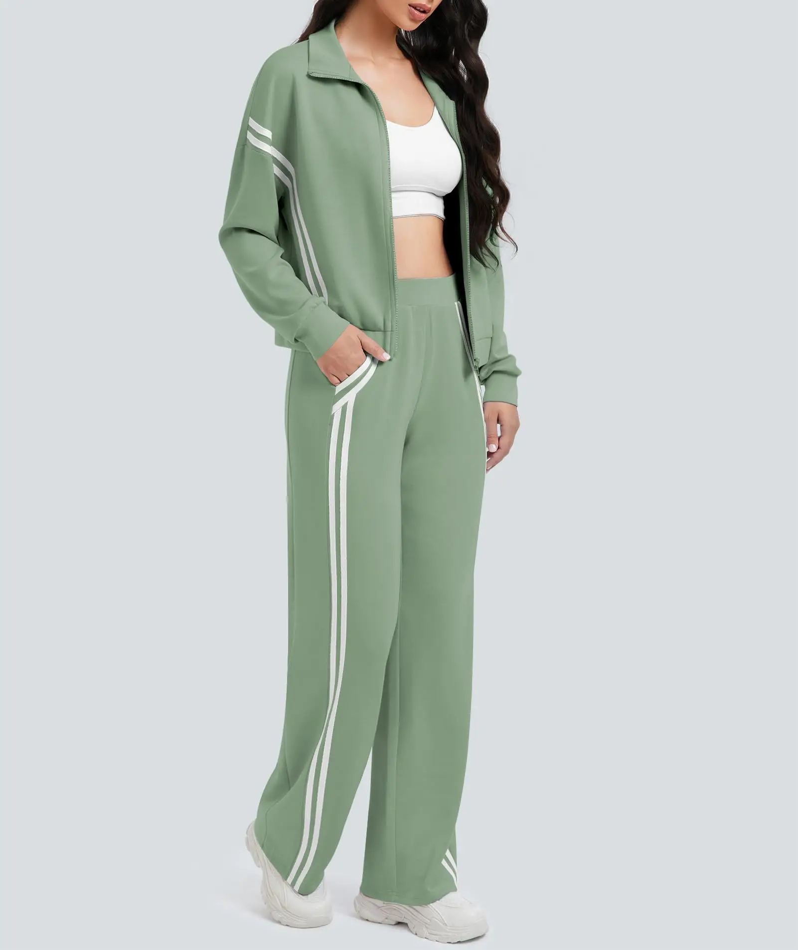 ملابس رياضية نسائية خريف شتاء مخطط موضة بناطيل فضفاضة غير رسمية بدلة بأكمام طويلة وسحاب سترة بنطلون طقم مكون من قطعتين