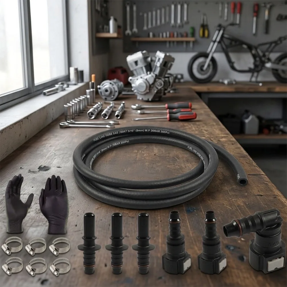 Fuel for Line Kit with Quick Connect Fittings 14-Piece 2-Meter Hose 6 Barbed Connectors 6 Stainless Clamps for Carbureted