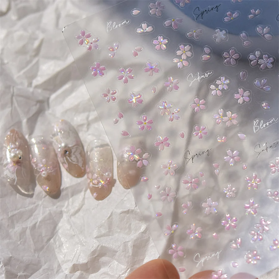 1pcs 5D Bronzing Kawaii Shininy Flower Nail Art Stickers Japanese Pink Sakura Self-Adhesive Nail Decorations Decals Accessories