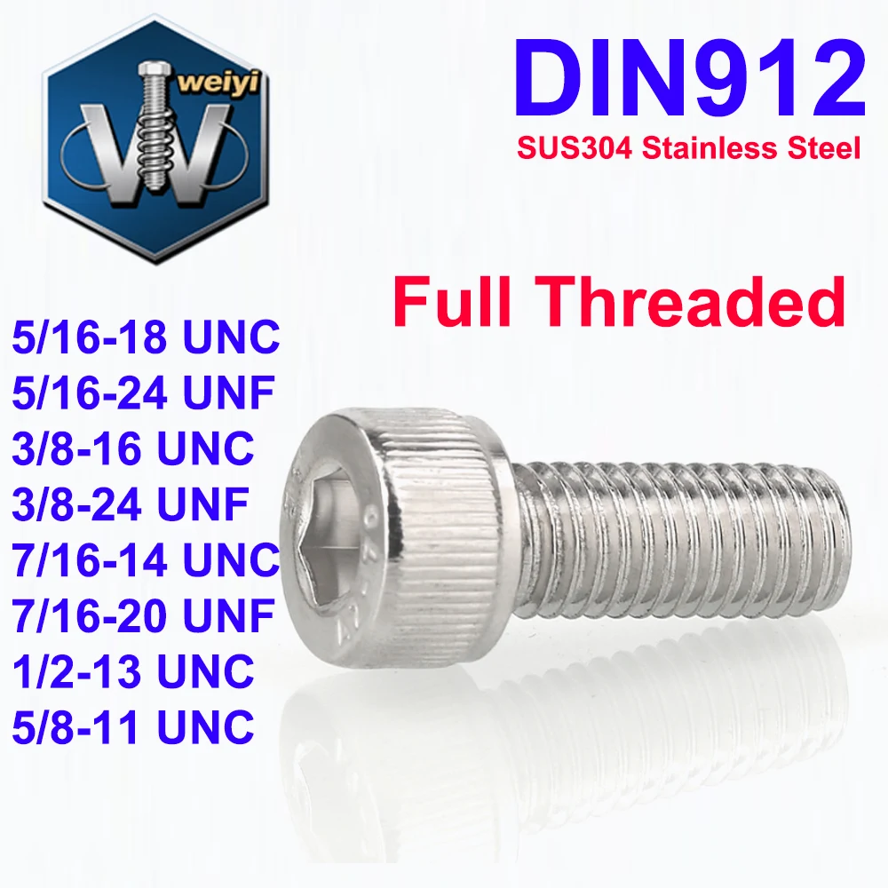 YANKUNDIN912 5/16 3/8 7/16 1/2 5/8 UNC UNF Thread SUS304 A2 Stainless Steel Hex Socket Knurled Cap Head Bolts Allen Key Screws