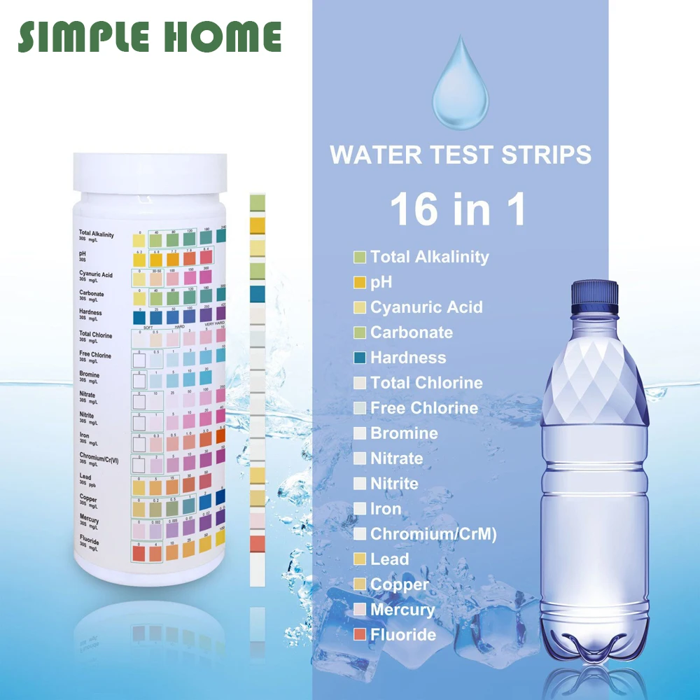 Tiras de prueba de calidad del agua 16 en 1 / 7 en 1, papel para detectar pH/dureza/metales pesados, etc. Para Dring/Acuario/Agua de Piscina, etc.